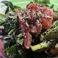 Avocado Tuna Salad · Regular. Seared red tuna, avocado, kale, baby spinach, edamame, red cabbage, cherry tomatoes...