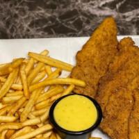 Chicken Tenders · 4 large strips of breaded chicken breast, French fries, honey mustard.
