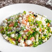 Greek Salad · Chopped salad with lettuce, tomatoes, Olives, Onions
Cucumber, Feta Cheese, olive oil vinega...