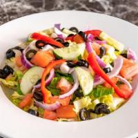 House Salad · Mix greens, green peppers, cucumbers, onion, olives, tomatoes. Dressing of your choice on th...