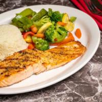 Grilled Salmon · Grilled 10 oz Norvegian Salmon and 2 sides of your choice.