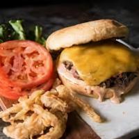 Burger · Black Angus Ground Beef, Caramelized Onions, Cheddar, Pickles, (lettuce, tomatoes, onions) +...
