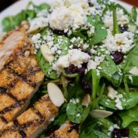 Cranberry Spinach Salad · Grilled chicken, spinach, toasted sesame seeds, almonds, poppy seeds, dried cranberries, Ble...