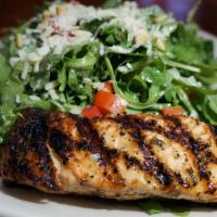 Salmon & Arugula Salad · Grilled salmon, shaved Parmesan, toasted pine nuts, tomatoes tossed in a light lemon-anchovy...