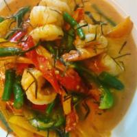 Panang Curry · Spicy! Gluten free. Favorite. Panang curry and coconut milk with green beans, carrots, bell ...
