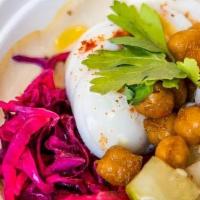 Hummus Bowl Combo · fried chickpeas, boiled egg, tahini, sumac slaw, pickles, two pita, COMBO features the addit...