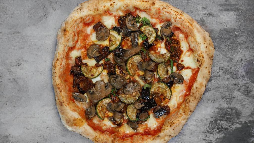 Veggie Pizza · Margherita with mushrooms, sautéed eggplant, and zucchini.