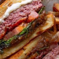 Pinch Burger · 8oz custom burger blend, swiss cheese, caramelized onions, lettuce, tomato, aioli, brioche b...