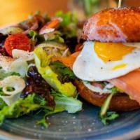 Smoked Salmon Sandwich · nordic smoked salmon(sushi style), lettuce, tomato, red onions, dijonaise, capers, sunny-sid...
