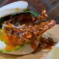 Spicy Soft Shell Crab Bao · Soft shell crab with spicy mayo, mango coleslaw, cucumber and cilantro