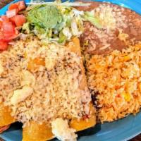 Enchiladas Campeche · Three shrimp and fish enchiladas cooked with pico de gallo. Topped with Jalapeno cheese dip ...