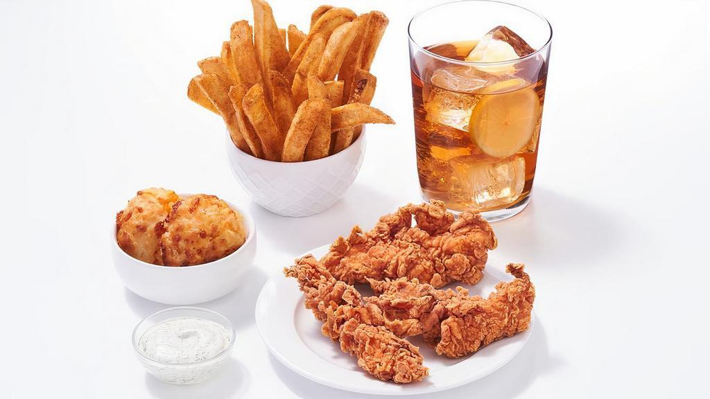 Bo'S Chicken Tenders Combo · Chicken breast tenderloins marinated with a bold blend of seasonings and served with a made-from-scratch biscuit, a fixin’, and a medium drink..