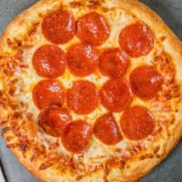 Pepperoni Pizza · Delicious freshly made pizza with marinara sauce and mozzarella cheese covered with pepperoni.