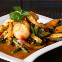 Chao Lay · Combination of shrimp, scallop, squid, mussel sautéed with chili, roasted garlic, basil, bel...