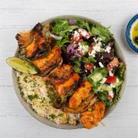 Chicken Kabob Plate · Chargrilled cubes of chicken served with orzo rice, side salad, fresh pita and your choice o...