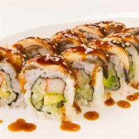 Dancing Eel Roll · Avocado, Cucumber, Imitation Crab Stick, Sesame Seeds, BBQ Eel, Eel Sauce  430 Cal.