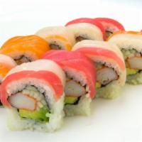 Rainbow Roll · Avocado, Cucumber, Imitation Crab Stick, Salmon, Tuna, Tilapia  360 Cal.
