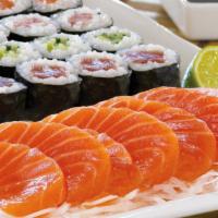 Salmon & Maki · Salmon Sashimi, Salmon Rolls, Tuna Rolls, Cucumber Rolls, Imitation Crab Stick Rolls  500 Cal.