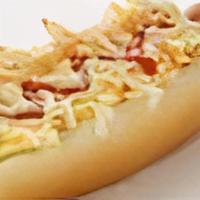 Hotdog The Dog · Coleslaw, mozzarella cheese, diced onions, ketchup, mustard, homemade sauces and potato stic...