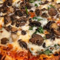 Mushroom Pizza · House tomato sauce, mushrooms, spinach, roasted garlic, mozzarella cheese (vegetarian)