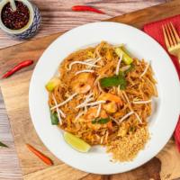 Pad Thai · Most popular stir fried rice noodle with egg, scallion and bean sprout, garnished with crust...