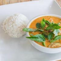 Red Curry · Popular curry in Thailand, slice bamboo, bell pepper, Thai eggplant and basil. With your cho...