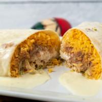 California Burrito · Large flour tortilla stuffed with grilled chicken, mexicali rice, shredded cheese, refried f...