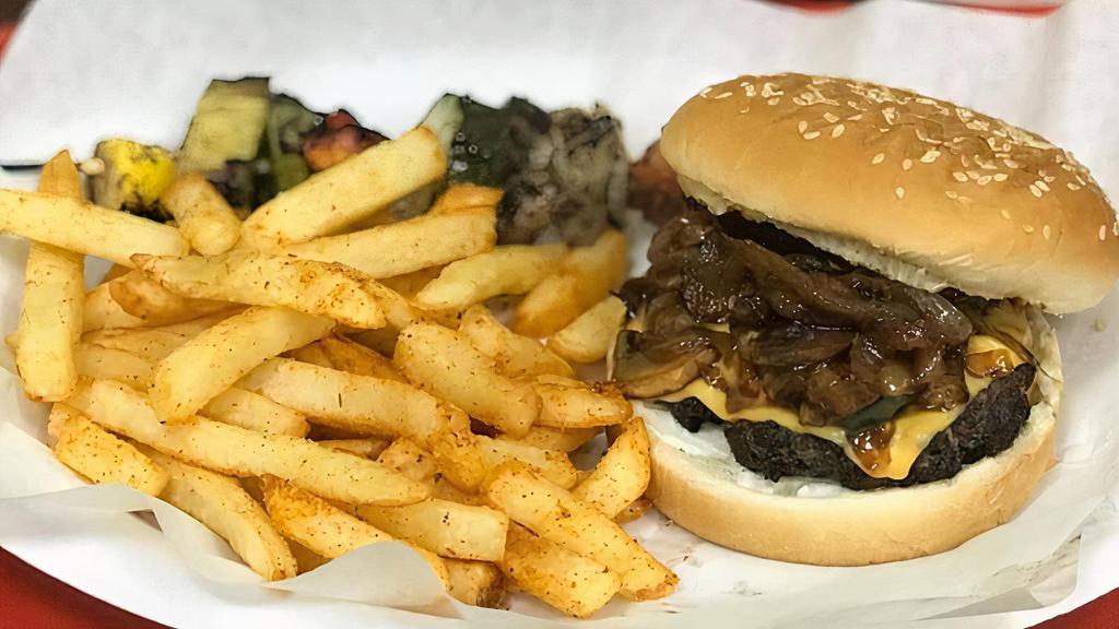 La Shish Burger · Beef patty topped with our special sauce consisting of mushrooms, jalapeños, and onions