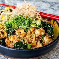 Shrimp & Noodle Stir Fry · Sautéed noodles with yakisoba sauce, shrimp, spinach, bean sprouts, sesame seeds and scallio...