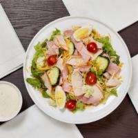 Chef Salad · Romaine lettuce, Boar's Head Ham, Turkey & Cheddar Cheese cucumbers, grape tomatoes and red ...