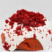 Red Velvet Cinnamon Roll With Frosting · Vegan. Vegan, soft and sweet red velvet cinnamon roll with red velvet cake crumbles.