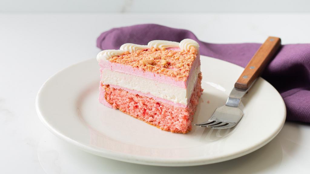 Strawberry Cheesecake Cake Slice · Vegan. Vegan strawberry cake with a top layer of cheesecake.