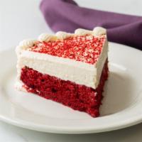 Red Velvet Cheesecake Cake Slice · Vegan. Vegan red velvet cake with a top layer of cheesecake.