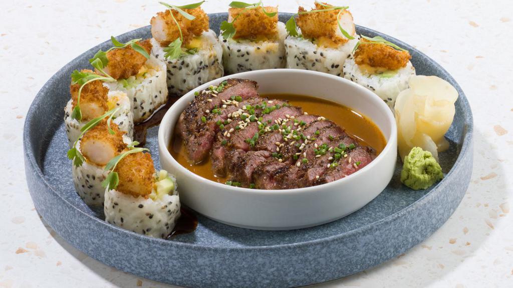 Steak + Sushi · Tataki-style steak, ponzu sauce, spicy tuna roll or crispy shrimp roll.