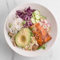 Salmon Zen Bowl · Jasmine rice, daikon, red cabbage, avocado, mushrooms, cucumber, snap peas, sesame salt.