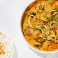 Thai Shrimp Curry Bowl · Coconut curry, seared shrimp, mushrooms, steamed jasmine rice, crispy onions.