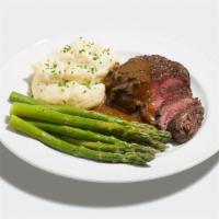 Prime Sirloin + Peppercorn · Made from scratch peppercorn sauce, seasonal vegetables, buttery mashed potatoes.