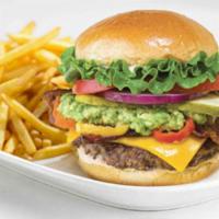 California Burger · Twin patties, smoked bacon and avocado, aged cheddar, banana peppers, tomatoes, onion, lettu...