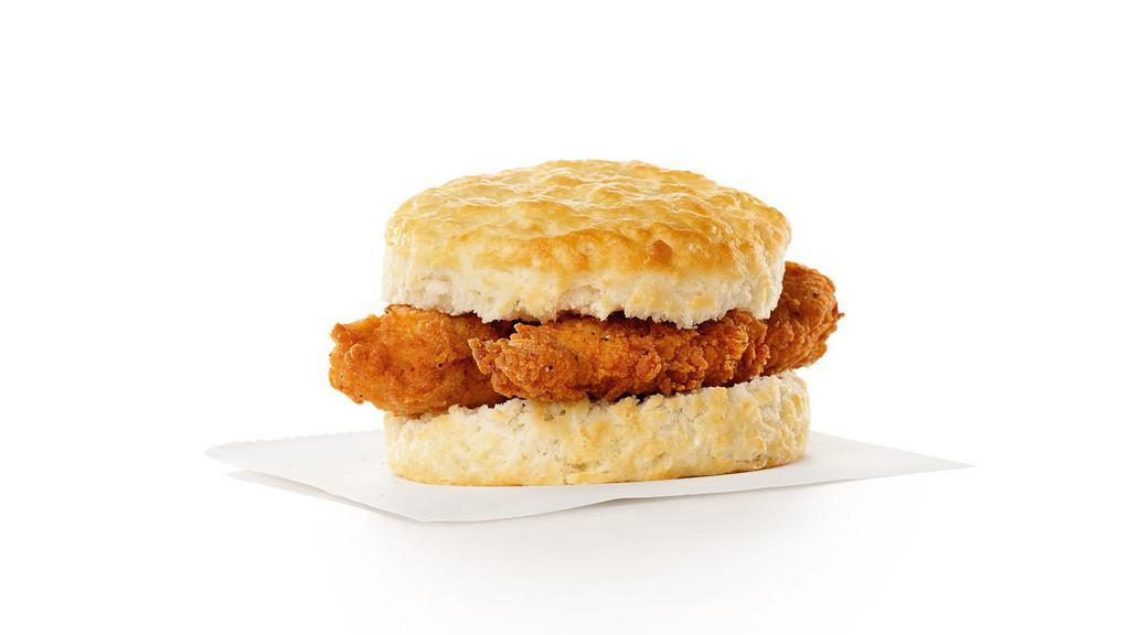 Spicy Chick-Fil-A Chick-N-Strips® Biscuit · two Spicy Chick-n-Strips™️, seasoned with a spicy blend of peppers, freshly-breaded and cooked in 100% refined peanut oil and served on a buttermilk biscuit baked fresh at each Restaurant.