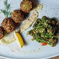 Vegan Falafel Platter With Tabbouleh And Tahini · 4 piece of Falafel with tabbouleh salad, tahini.