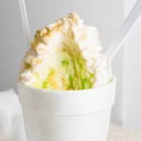 Key Lime Pie Snoball · Key lime pie flavor, condensed milk, whipped cream, and graham cracker crumbs.