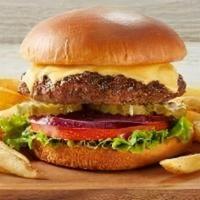 Cheeseburger · Cheddar cheese, all-natural cheddar spread, lettuce, red onions, pickles, tomato, hickory-sm...