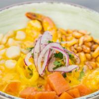 Mixto Ceviche · Corvina Fish, Calamari, Shrimp, Octopus, Lime, Spices, Choclo, Camote & Cancha.