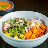 Ceviche Rice Bowl · Corvina Fish Ceviche, Avocado, Sweet Potato, Onions, Cilantro, Choclo & Cancha Corn.