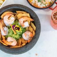 Shrimp Guac Bowl · Large Shrimps on a bed of Fresh Guacamole & Homemade Corn Tortilla Chips.