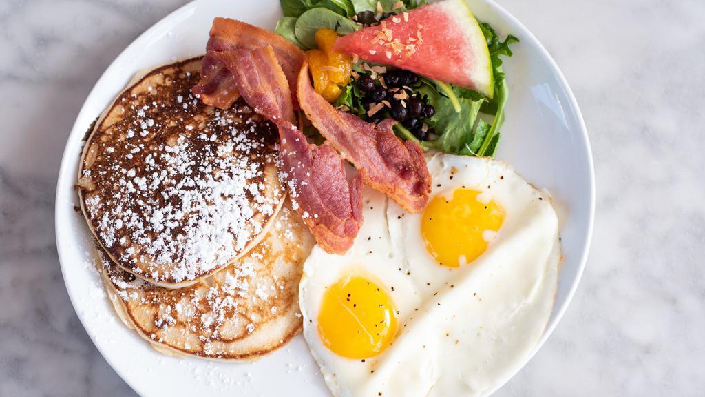 King'S Complete Breakfast · Two eggs any style and pancakes. Served with fruit and salad.