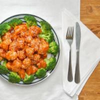 Sesame Chicken · Chunks tender chicken sautéed over high flame with sesame sauce, rounded with specialty cook...