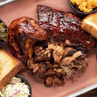 The Jack · Pulled pork, burnt ends, smoked chicken (1/4 lb each), 1/2 rack pork ribs, choice of 4 sides...