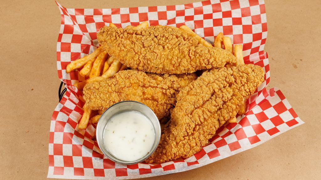 Fried Catfish · 3 pieces of perfectly fried catfish with fries