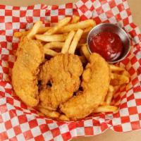 Chicken Tenders · 4 pieces of southern fried chicken tenders with fries